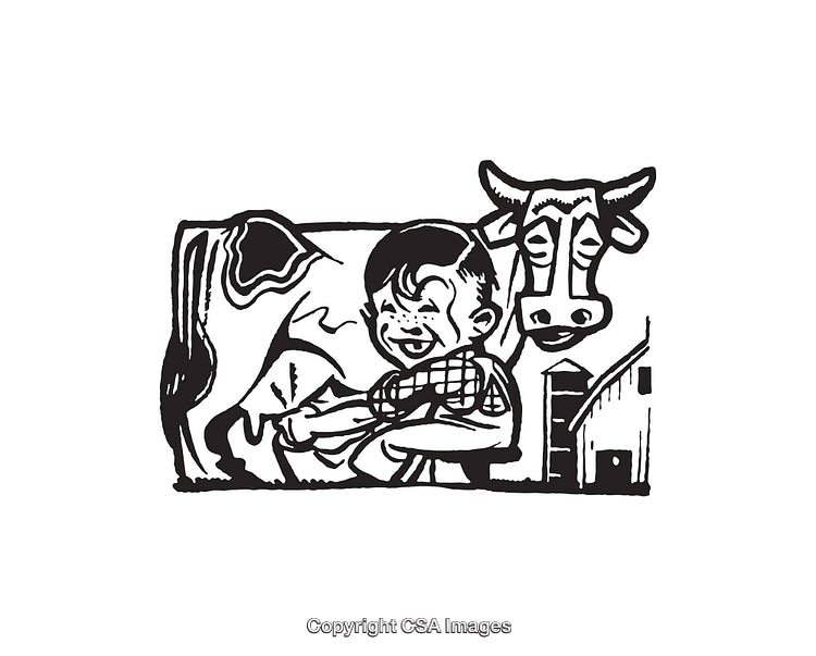 Child and Cow in Rustic Farm Setting, Black and White Line Art Illustration