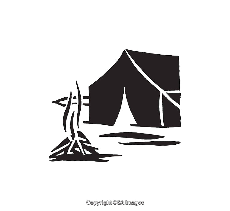 Black and White Illustration of a Camping Tent and Campfire Scene
