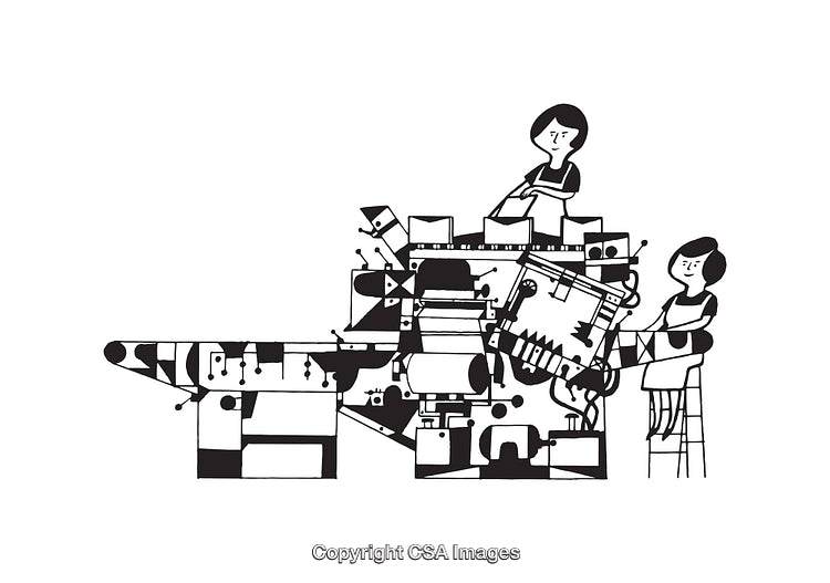 Black and White Line Art Depicting People with Geometric Designs