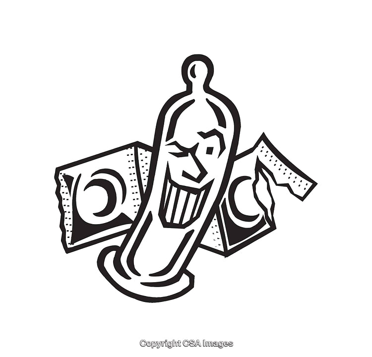 Black and White Line Art of Humorous Condom Illustration