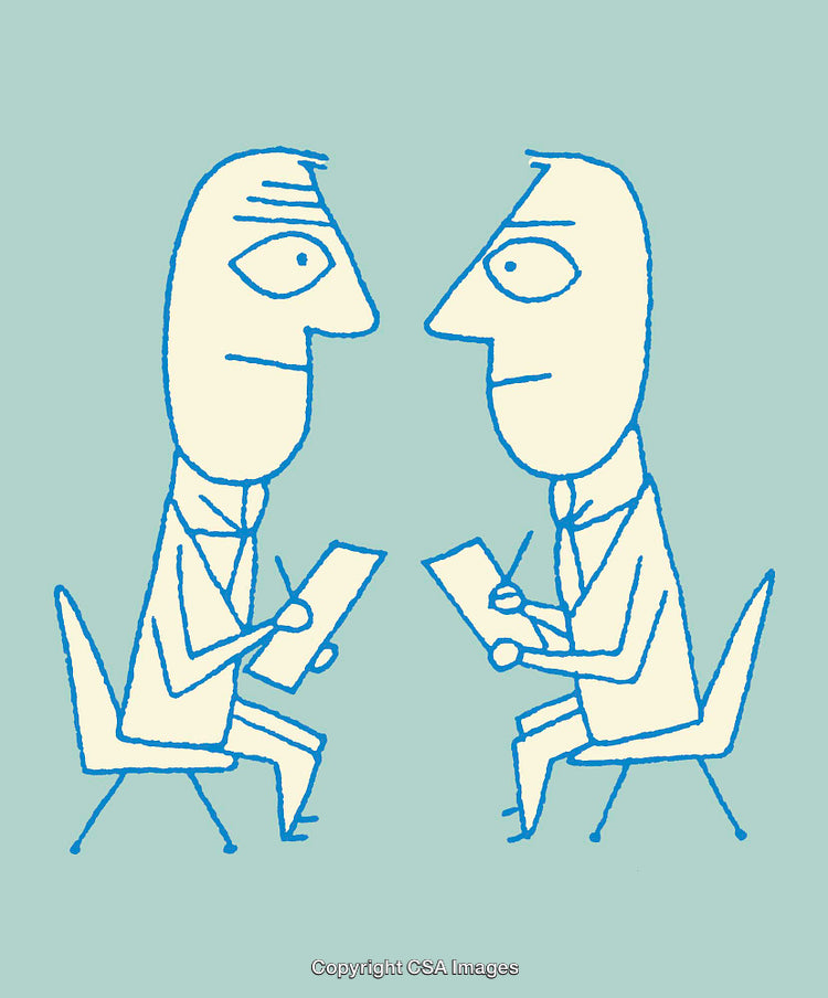 Cartoon Illustration of Two Businessmen Sitting and Sharing Documents