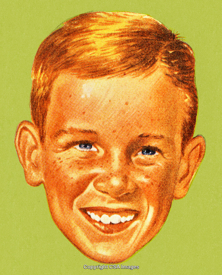 Vintage Illustration of Smiling Boy with Freckles on a Green Background