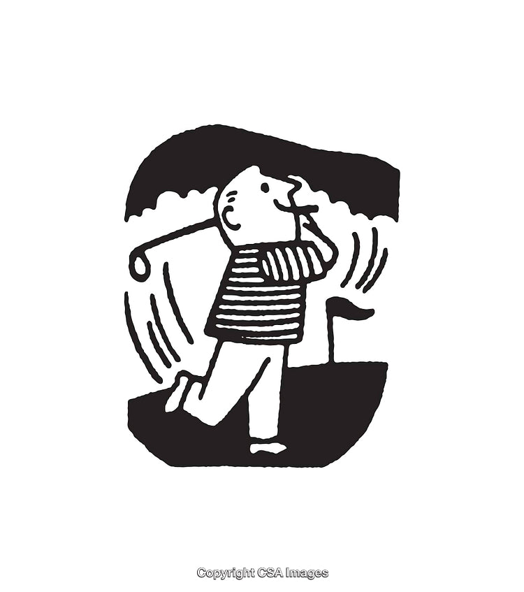 Black and White Line Art of a Child Playing Golf
