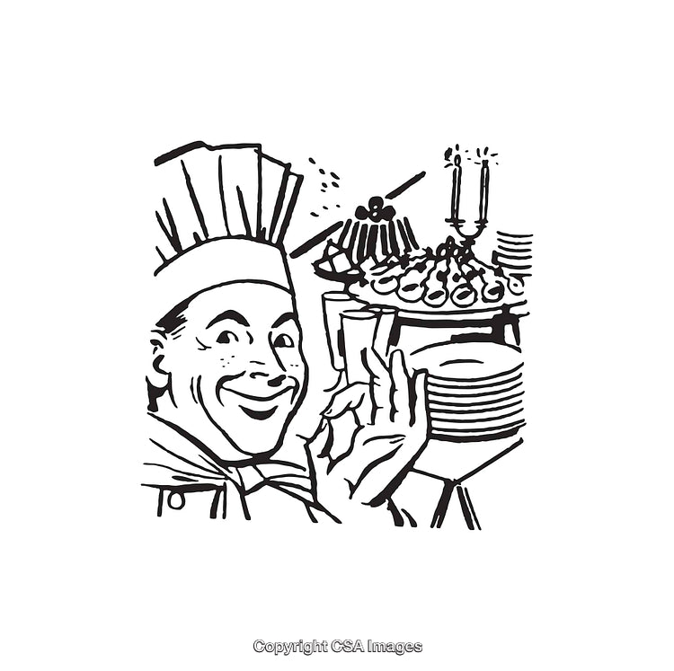 Chef Presenting Culinary Masterpieces in Black and White Line Art Illustration