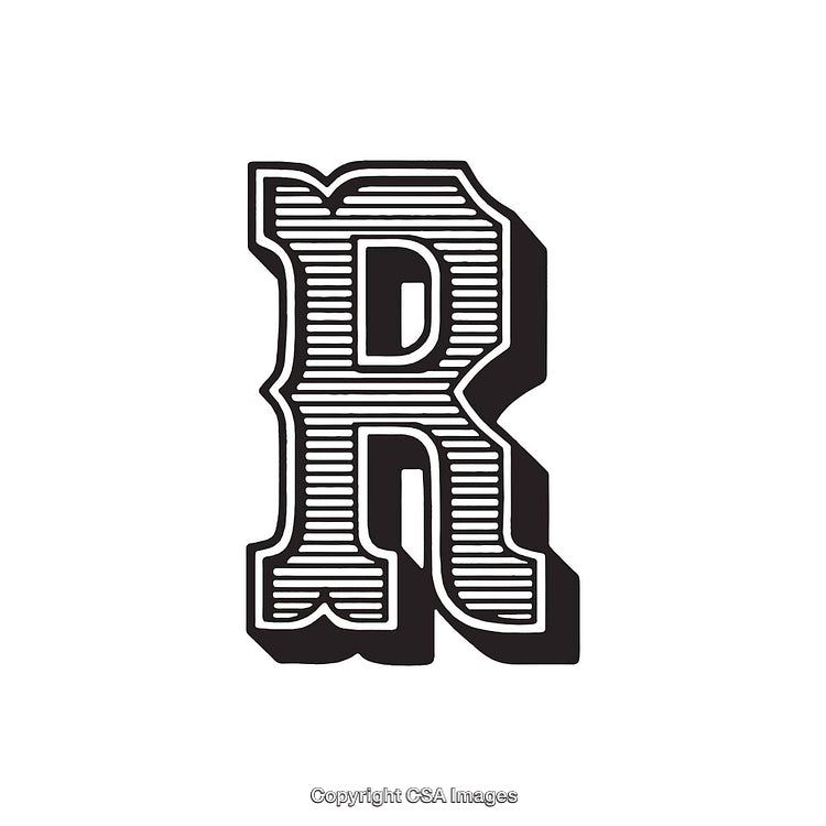 Decorative Black and White Illustration of the Letter R in a Retro Style