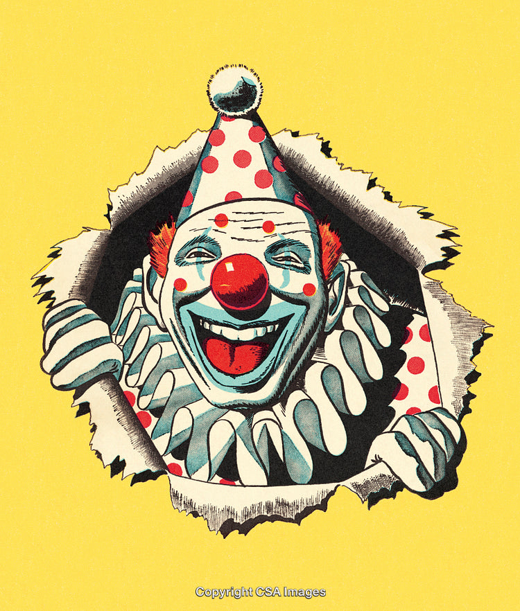 Colorful Cartoon Clown Popping Out on a Bright Yellow Background