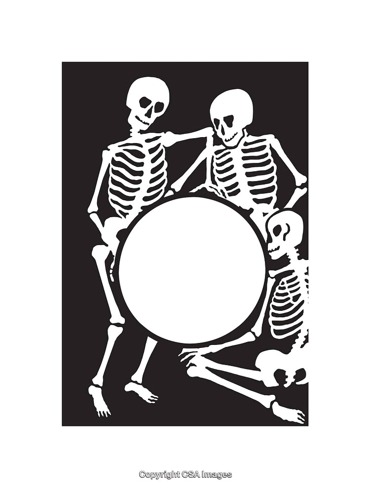 Three Skeleton Figures Displaying Circle Space in Black and White Art