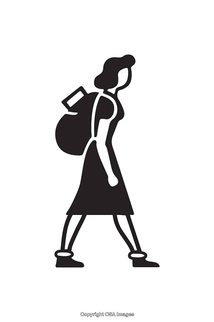 Black and White Icon of a Woman Walking with Backpack