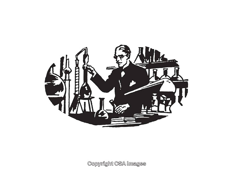 Black and White Retro Chemist Illustration in a Laboratory Setting