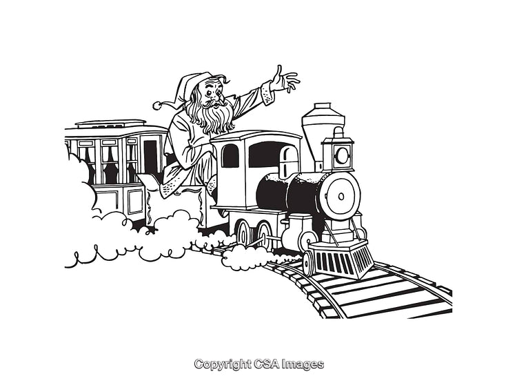 Retro Line Art of a Christmas Character on a Train