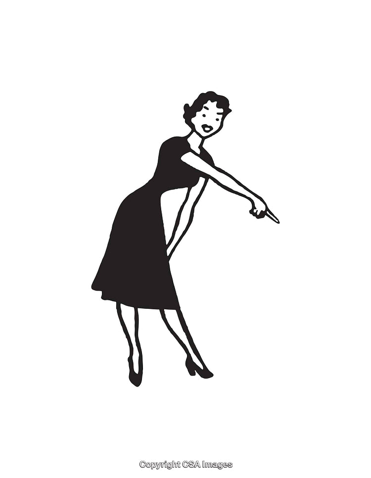 Retro Woman Pointing in Black and White Line Art Style