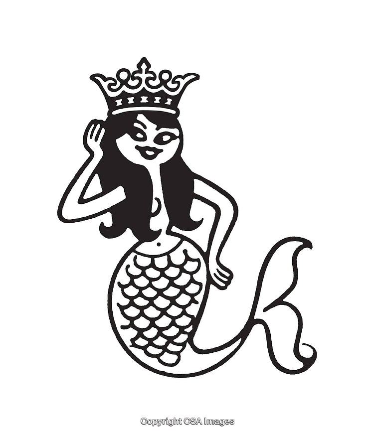 Black and White Line Art of a Mermaid with a Crown