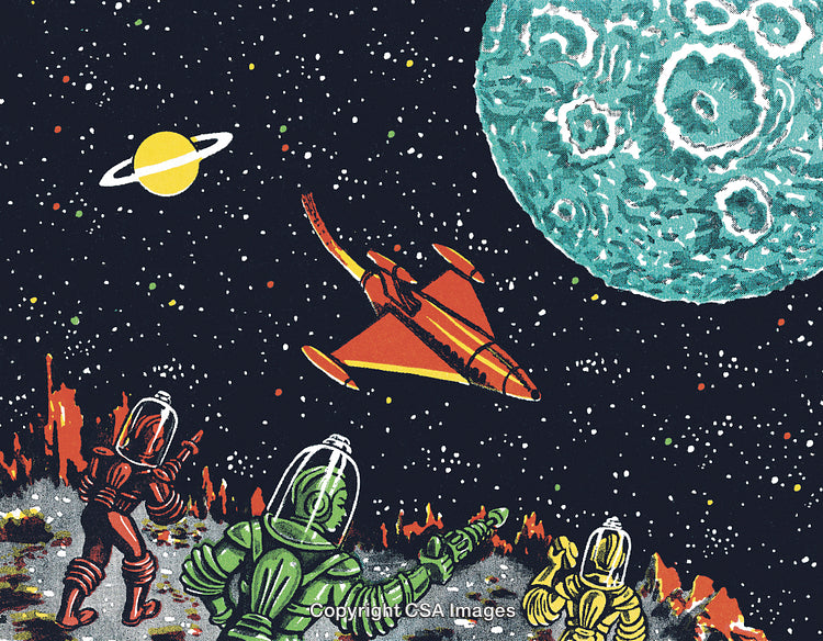 Retro Sci-Fi Space Explorers Watching Rocket and Moon in Starry Sky