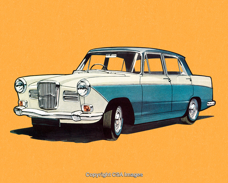 Retro Illustration of a Classic Blue Four-door Sedan on Orange Background