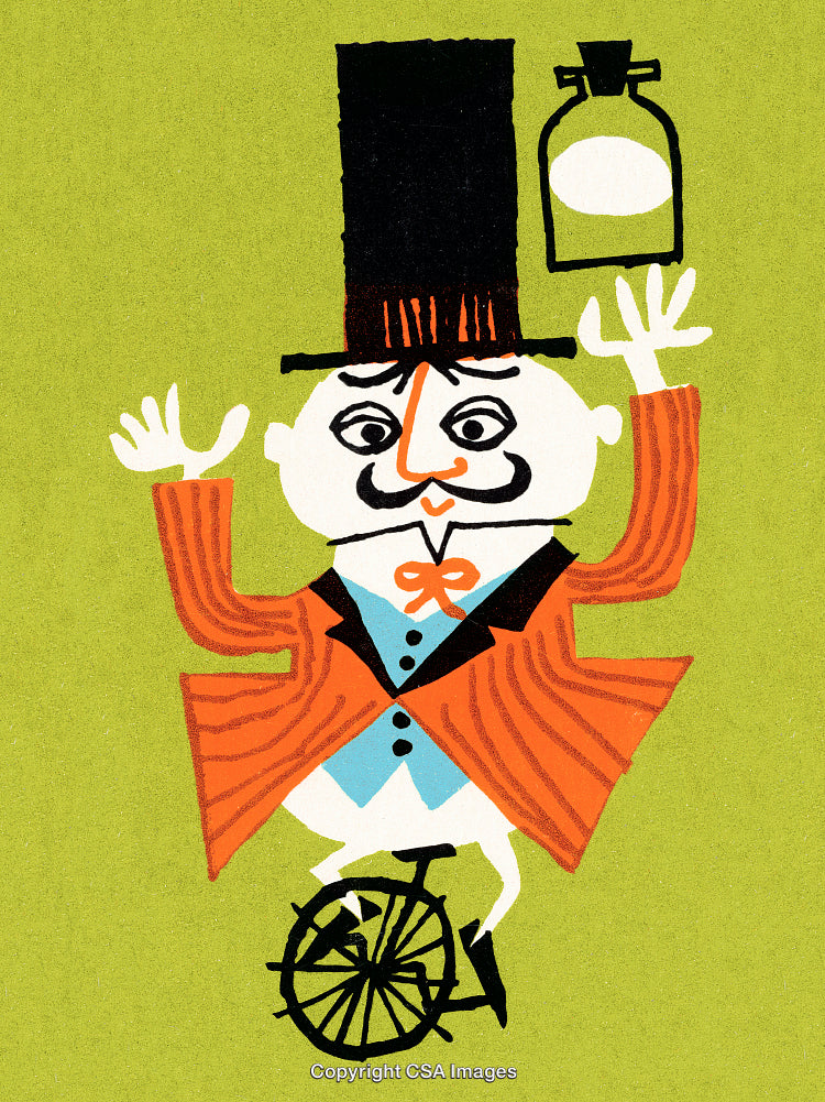 Vintage Circus Unicyclist in Top Hat with Unique Style and Bright Colors