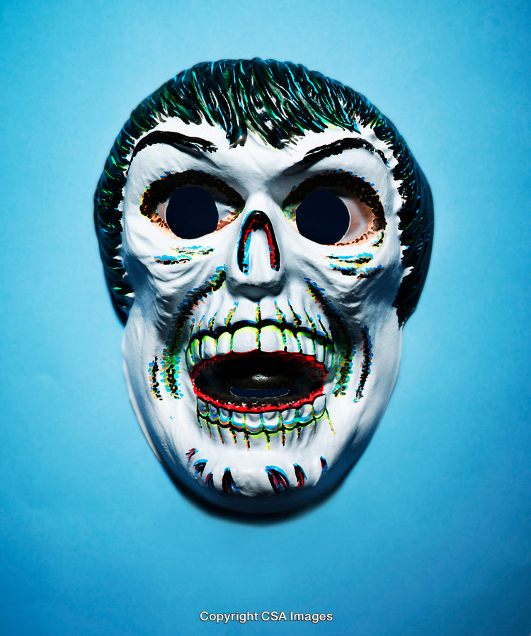 Colorful Zombie Mask on a Blue Background with Open Mouth Design
