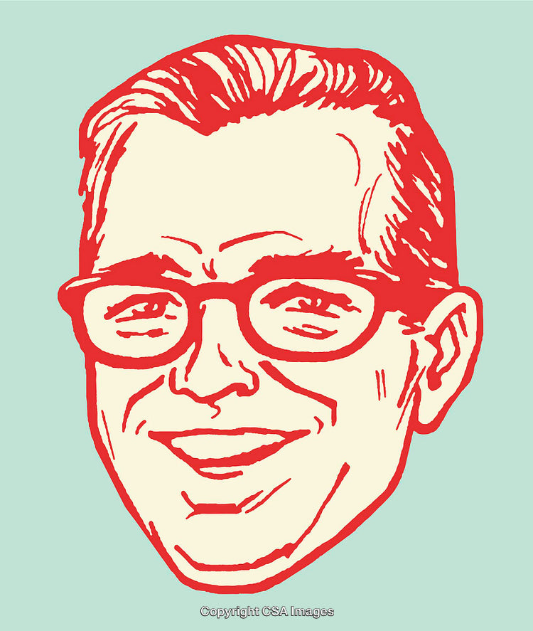 Retro Style Red Line Art of Smiling Person on Blue Background