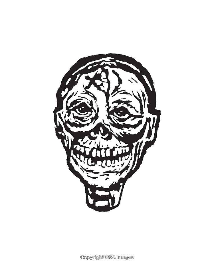 Black and White Line Art Illustration of a Skull with Distinct Features