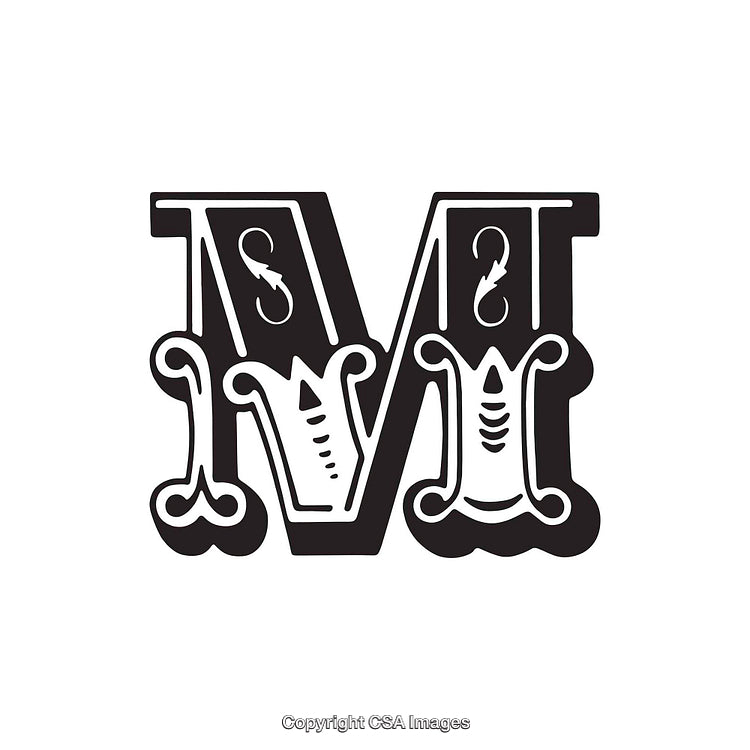 Stylized Ornate Letter M in Decorative Black and White Design