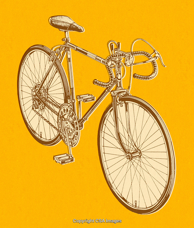 Detailed Drawing of a Vintage Bicycle on a Vibrant Yellow Background