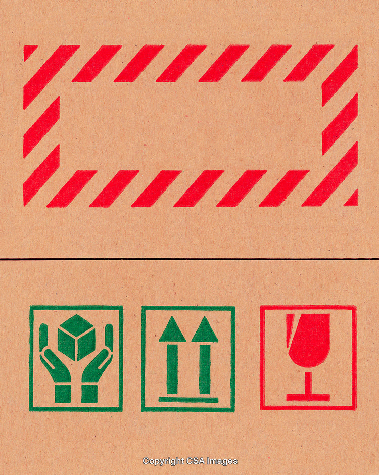 Illustrated Shipping Markings on Brown Cardboard Packaging Surface