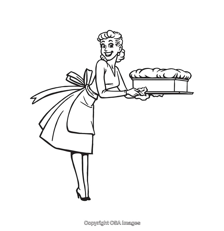 Retro Styled Black and White Line Art of Woman Presenting Baked Pie