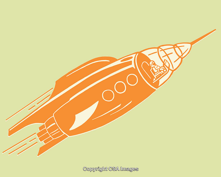 Retro Rocket Illustration in Orange with Pilot on Pale Green Background