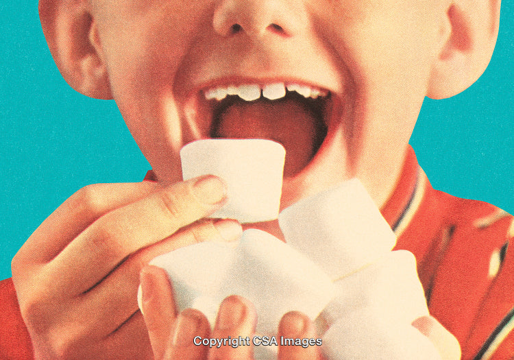 Happy Child Eating Marshmallows Against a Vibrant Turquoise Background