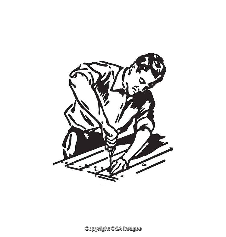 Vintage Black and White Illustration of Craftsman Using a Drill at a Workbench