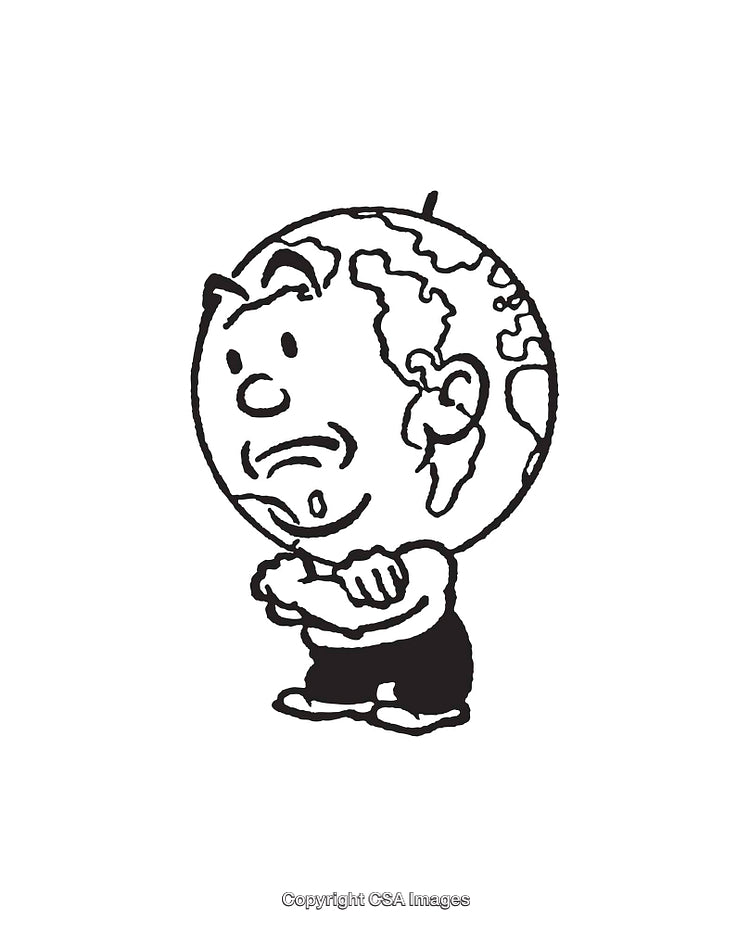 Line Art Illustration of a Human Globe Character in Thoughtful Pose