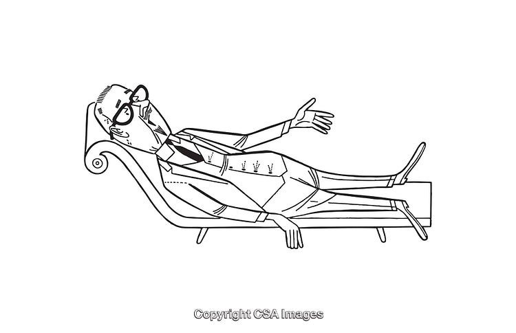 Cartoon Illustration of a Man Reclining on a Couch Discussing Ideas