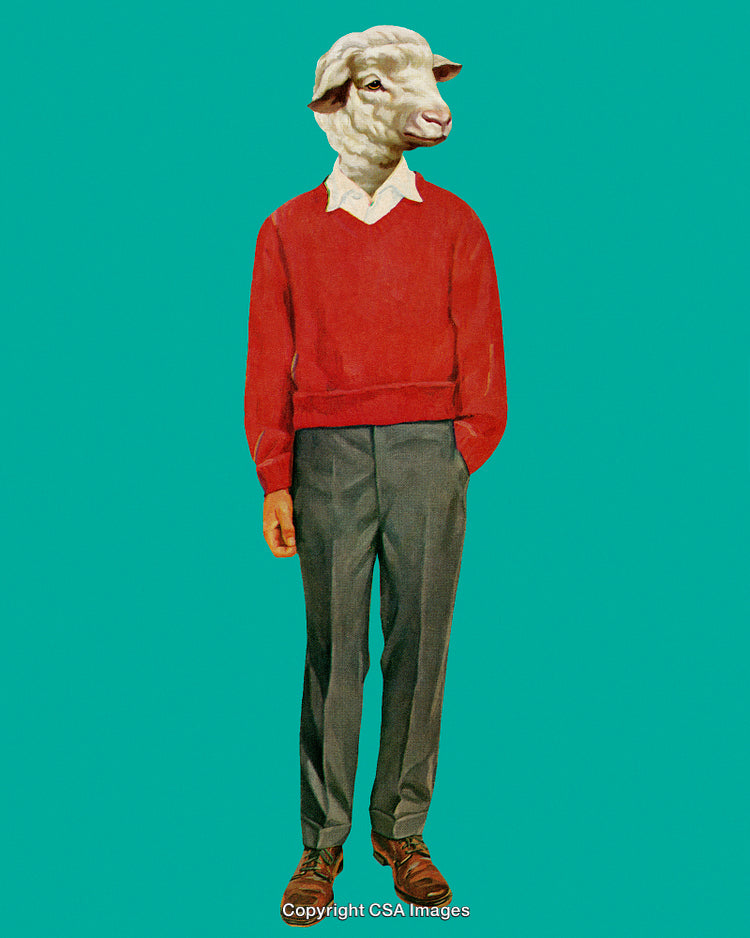 Surreal Illustration of Human Body with Sheep Head on Solid Background