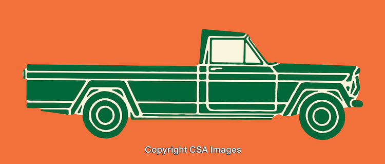 Retro Line Art Illustration of a Green Pickup Truck on Orange Background