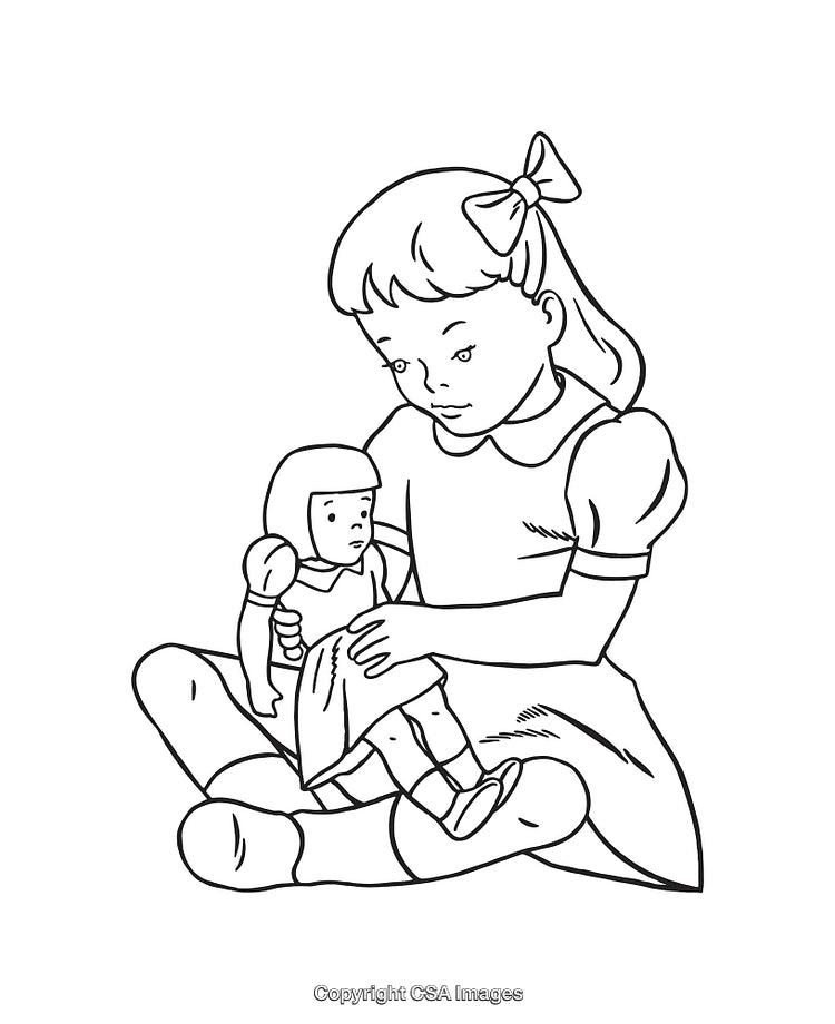 Young Girl Sitting and Playing With Her Doll in Line Art