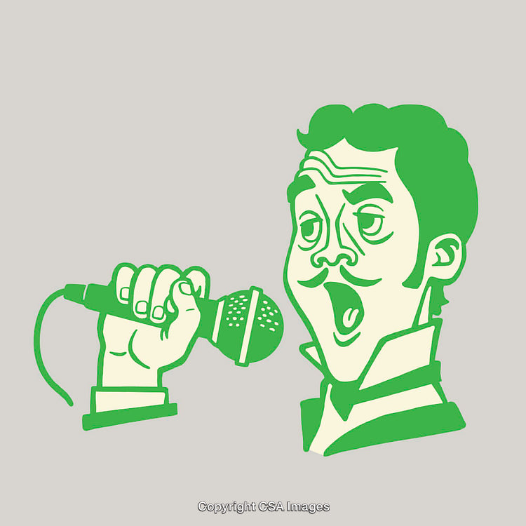 Expressive Cartoon Singer Holding Microphone in Green Line Art
