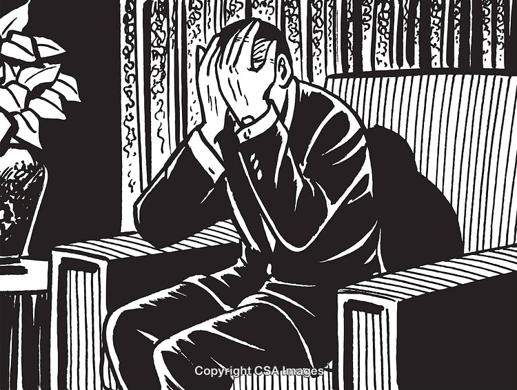 Black and White Art Depicting Man in Despair Sitting on Chair
