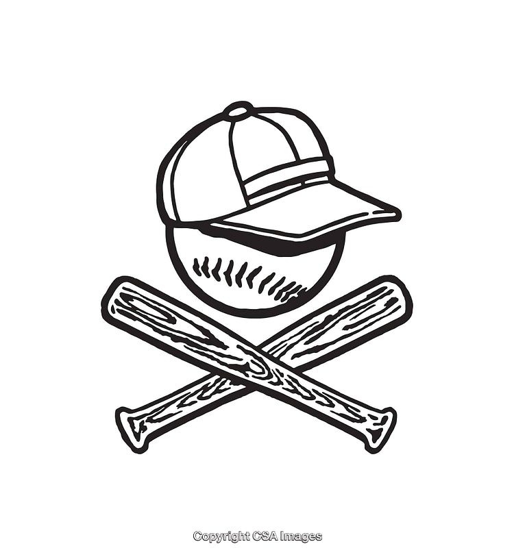 Black and White Line Art of Baseball Hat and Crossed Bats