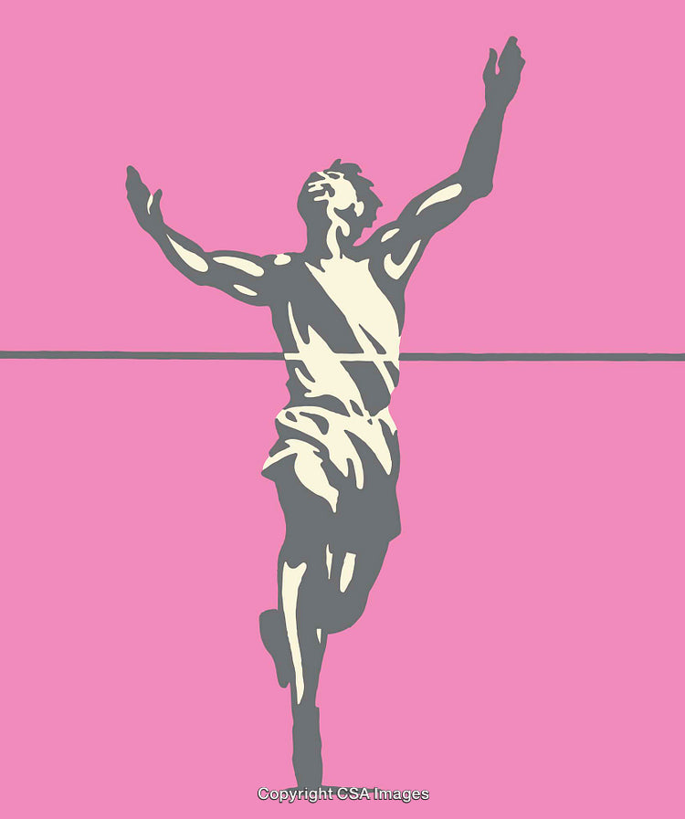 Runner Crossing Finish Line in Minimalist Pink Line Art Style