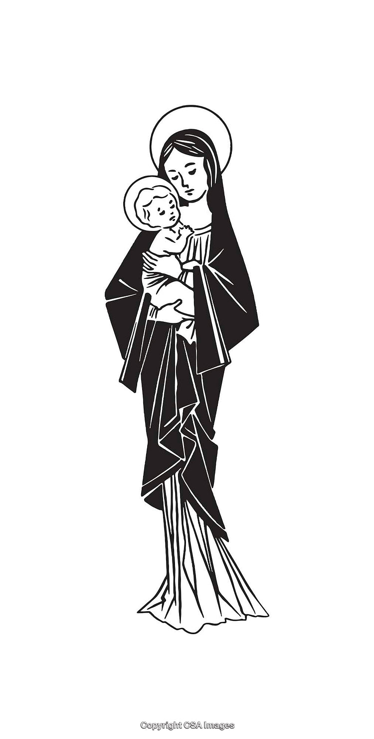 Black and White Line Art of Madonna and Child Illustration