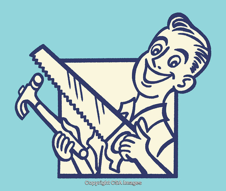 Retro Line Art Design Featuring Tools and a Smiling Character