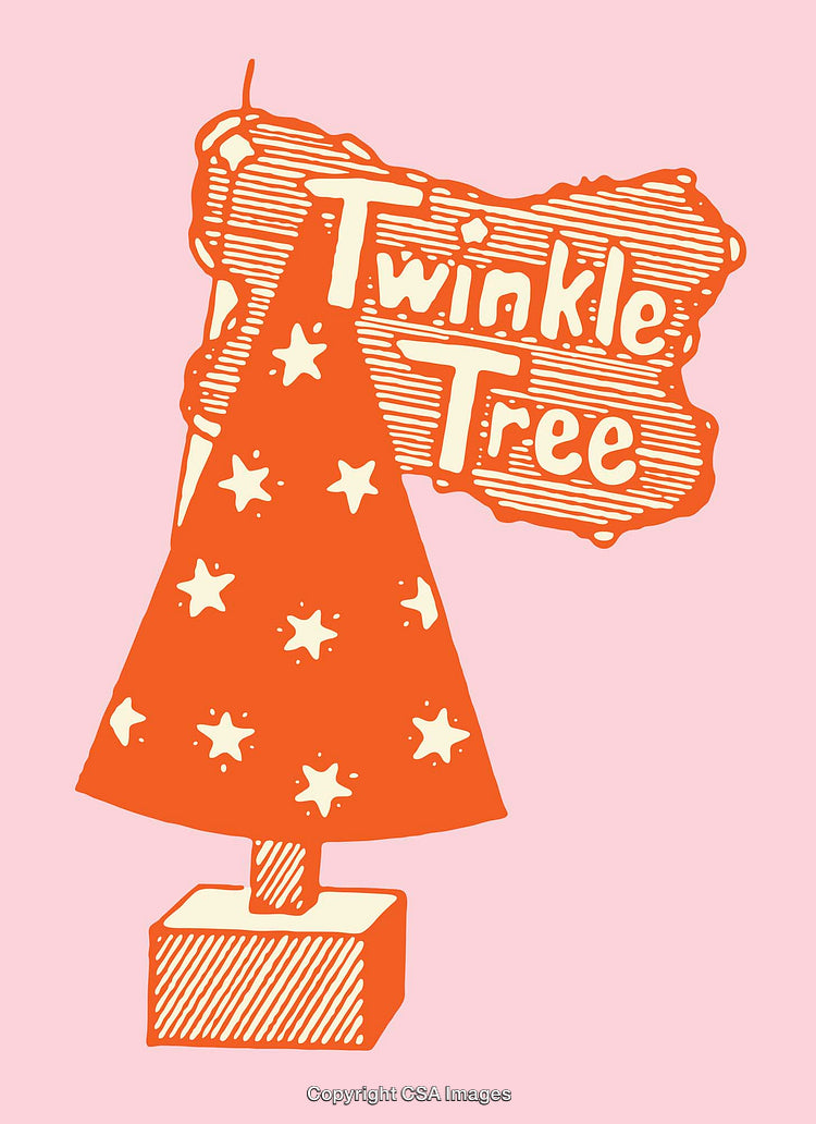 Bright Retro Illustration of a Twinkle Christmas Tree Design on Pink Background