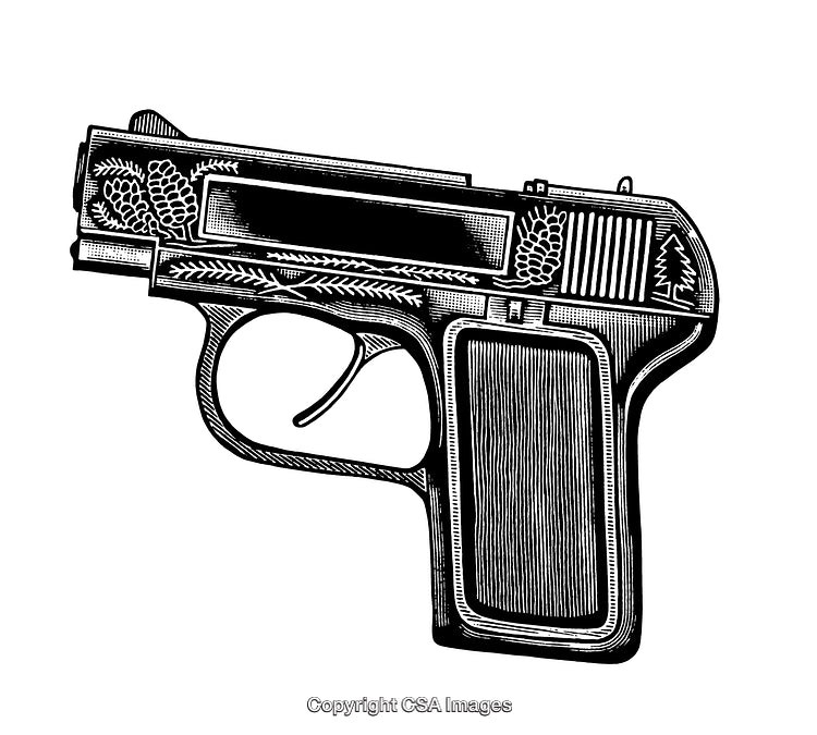 Black and White Engraved Decorative Gun Illustration Isolated On White Background
