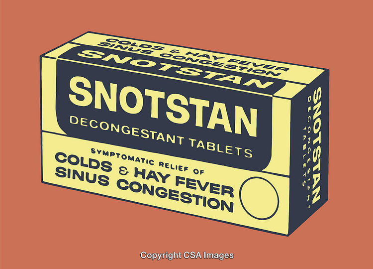 Colorful Packaging Illustration of Decongestant Tablets on Plain Background