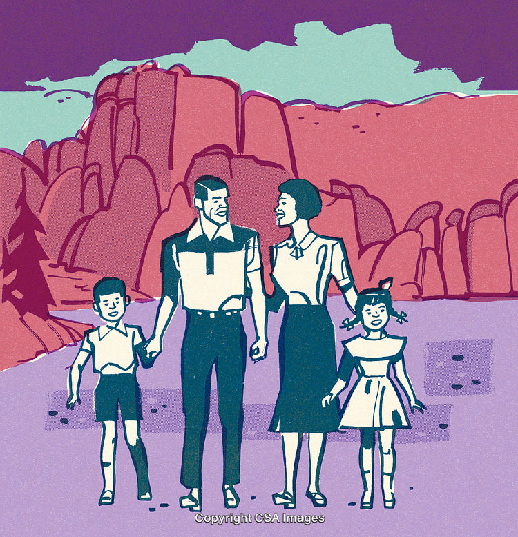 Illustration of a Happy Family Hiking Outdoors in Scenic Nature
