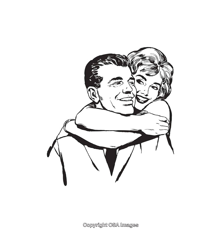 Retro Black and White Illustration of a Loving Couple Embracing
