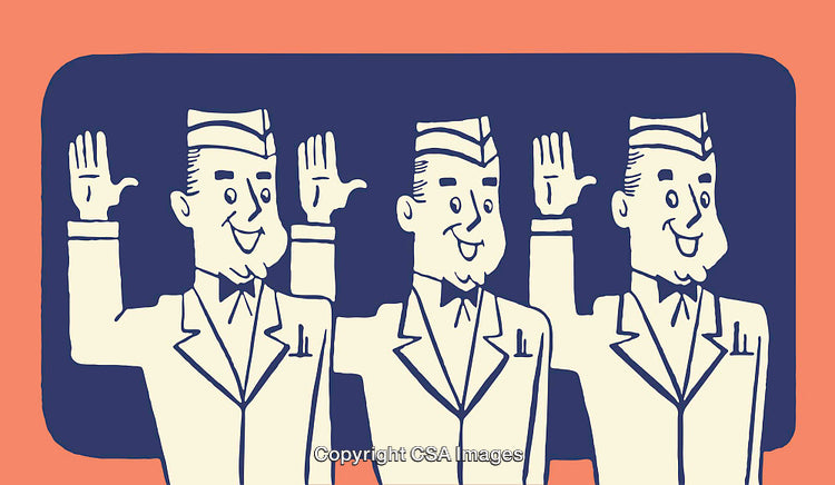 Retro Styled Illustration of Uniformed Figures Saluting in Colorful Design