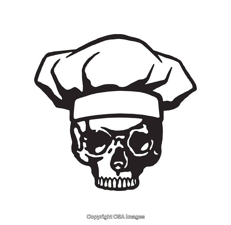 Black and White Chef Skull Artwork with Detailed Line Illustration