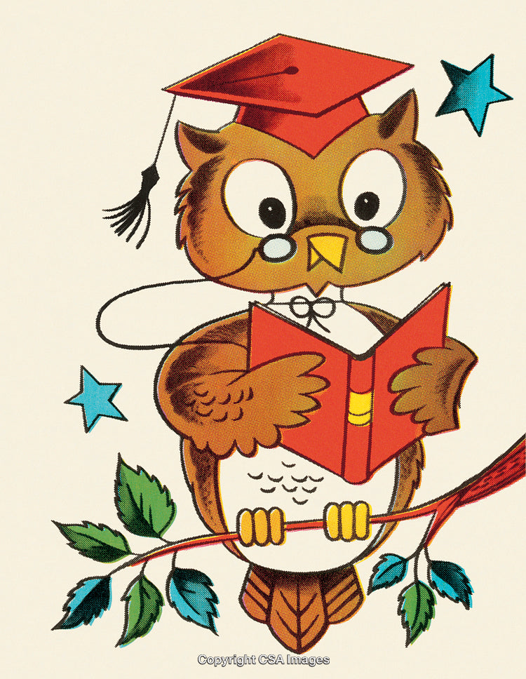 Cartoon Owl Reading a Book in Graduation Hat With Blue Stars