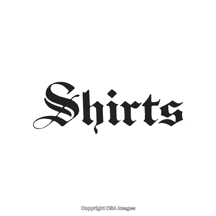 Calligraphic Blackletter Text Artwork of the Word 'Shirts' in Decorative Font