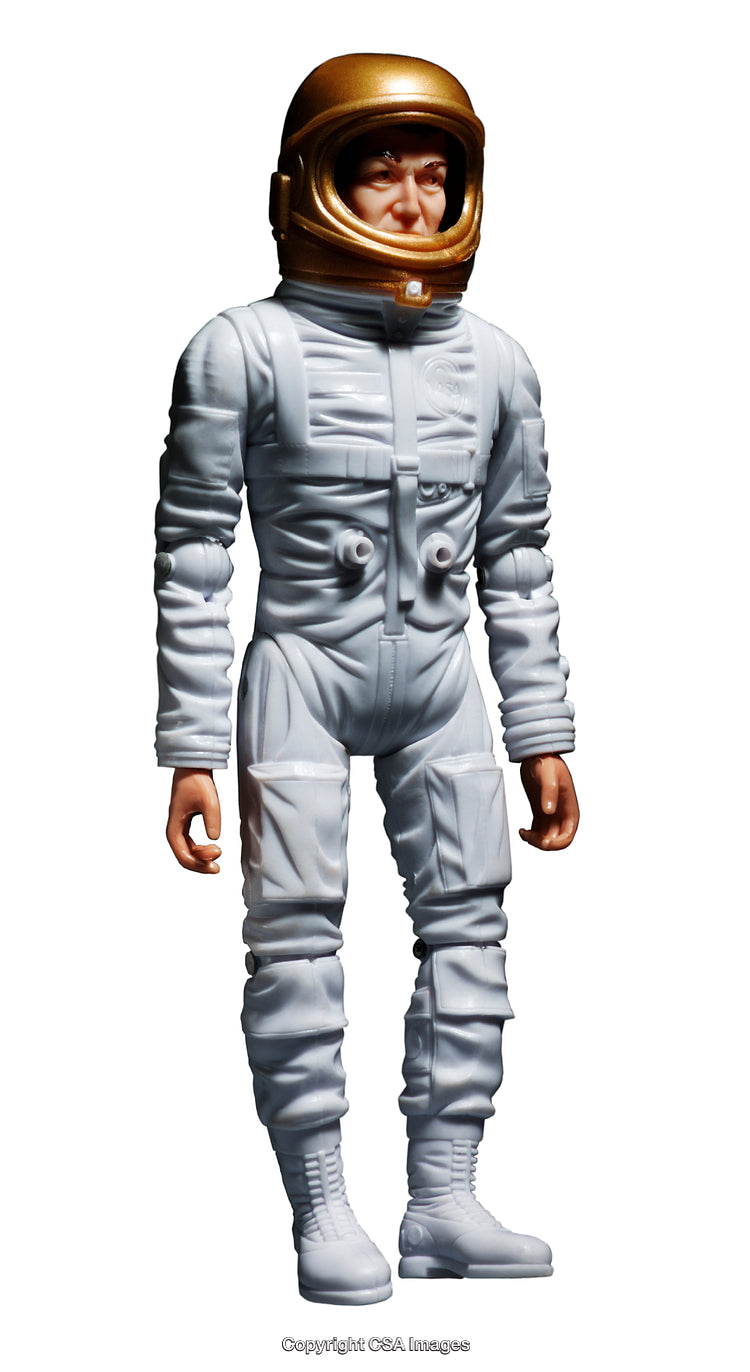 White Spacesuit Action Figure With Gold Helmet on Isolated White Background